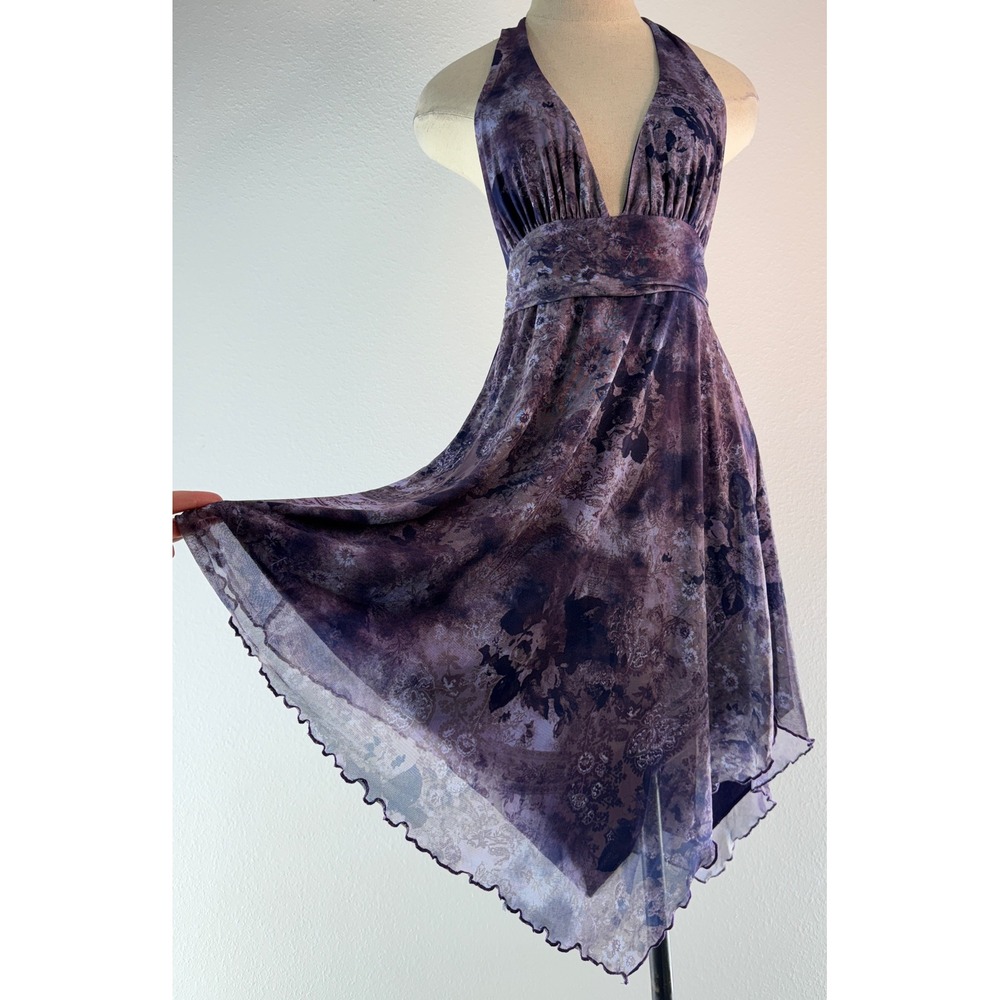 Urban Outfitters Jessa Mesh Halter Dress Y2K Purple Floral Asymmetrical Fairy L